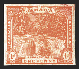 S.G. 31TC, 1900 1d Trial color proofs in Lake and Vermilion on unwatermarked paper, part o.g., 1d vermilion with red crayon mark in the upper right corner, very fine and rare
ex-Surtees (Scott 31TC).