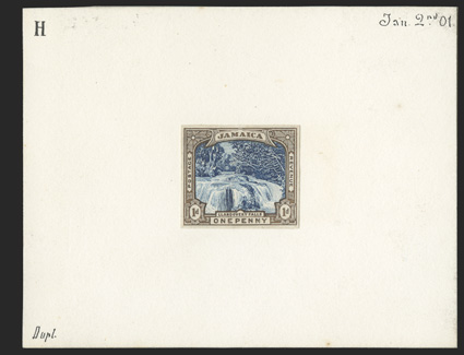 S.G. 32E, 1901 1d Composite essay in deep blue and brown with handpainted surround to the vignette and affixed to full sized 115x90mm card, lettered H and dated Jan. 2nd 01
and marked Dupl. at bottom left, all in manuscript, extremely fine