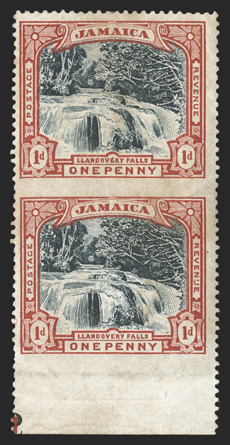 S.G. 32b, 1901 1d Llandovery Falls, slate-black and red, imperforate between, bottom sheet-margin vertical pair of this exceedingly rare error, toned o.g., l.h., some light
staining and light horizontal crease at center as apparently always and