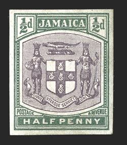 S.G. 33TC, 1903 ½d Arms bi-colored trial color proofs in seven different color combinations, imperforate on watermarked paper, small part o.g., a very fine and handsome group
(Scott 33TC).