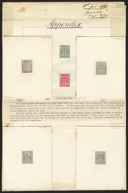 S.G. 38E, 40E, 1906 ½d and 1d Arms, mono-colored essays, black and white photographic essay of each dated 13th July 1905, and two more photographic essays closer to the issued
designs dated June 30th 1905, all cut to stamp size and mounted o