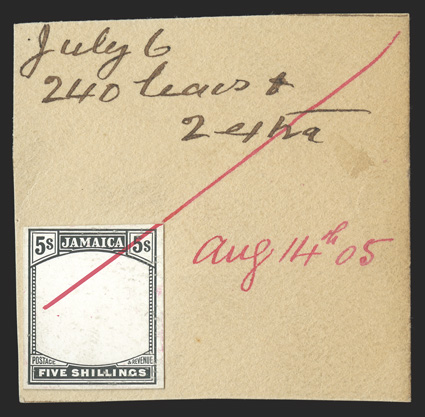 S.G. 38, 40, 44-45E, 1906-11 ½d, 1d, 6d and 5- Essays in black on glazed card, cut to stamp size and affixed to portions of the De La Rue Working Day Book, the mono-colored ½d
and 1d of the complete design and the bi-colored 6d and 5- of the f
