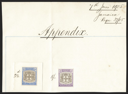 S.G. 37TC, 1905 ½d Grey and mauve and ½d Grey and ultramarine, trial colors cut to stamp size and affixed to portions of the De La Rue Working Day Book, the latter on small
piece with ms. 2½d, being the ultimate color combination used for this