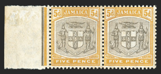S.G. 43a, 1907 5d Grey and yellow, SER. ET for SERVIET variety, left sheet-margin horizontal pair, the right stamp the variety, fresh colors, o.g., fine and rare (Scott 41a
$1,200.00).