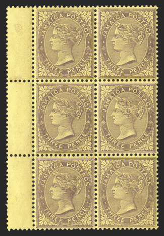 S.G. 47aw, 1910 3d Pale purple on yellow chalk surfaced paper, watermark inverted, left gutter margin mint block of six, well centered, o.g., l.h., the bottom four stamps
n.h., very fine cataloged as hinged singles (Scott 48 var.).