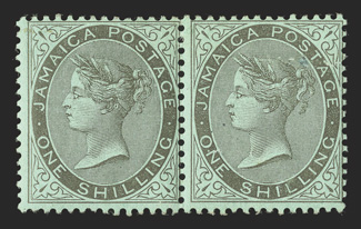 S.G. 54a, 1910 1- Black on green chalk surfaced paper, $ for S in SHILLING, the right stamp in a horizontal pair, vivid rich color on fresh paper, o.g., relatively lightly
hinged, fine and scarce this variety only occurs once in a sheet