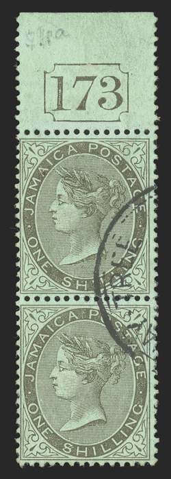S.G. 54a, 1910 1- Black on green chalk surfaced paper, $ for S in SHILLING, a most remarkable top sheet-margin Current Number 173 vertical pair, the bottom stamp the variety,
used with portion of Half Way Tree double circle datestamp co