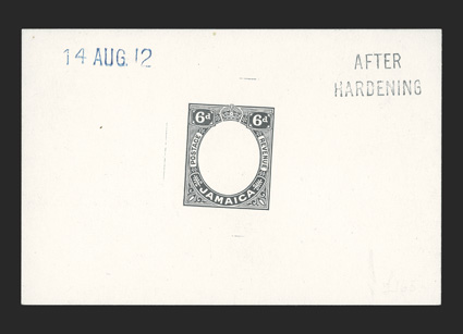 S.G. 64E, 1912 6d Frame only die proof in black on glazed card, 92x60mm, stamped 14 AUG. 12 and AFTER HARDENING, fresh and extremely fine ex-Surtees (Scott
67E).