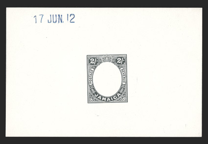 S.G. 66E, 1919 2- Frame only die proof in black on glazed card, 92x60mm, stamped 17 JUN. 12, fresh and extremely fine 1976 Robson Lowe certificate ex-Surtees (Scott
69E).