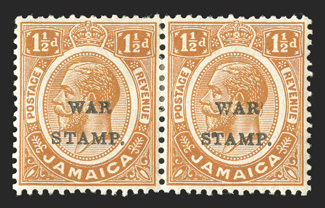 S.G. 71c, 1916 1½d Orange overprinted WARSTAMP., S inserted by hand, the left stamp in a horizontal pair, o.g., small h.r., fresh and extremely fine (Scott MR5c
$400.00).