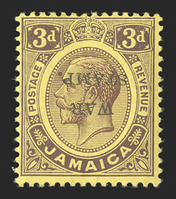 S.G. 72aa, 1916 3d Purple on lemon overprinted WARSTAMP., overprint inverted, rich color on fresh paper, o.g., l.h., very fine (Scott MR6d $325.00).