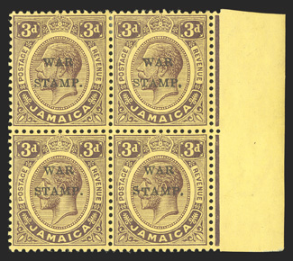 S.G. 72c, 1916 3d Purple on lemon overprinted WARSTAMP., S inserted by hand, the bottom right stamp in a right sheet-margin mint block of four, fresh and well centered, o.g.,
h.r. at top, the variety n.h., very fine 1949 BPA certificate (S