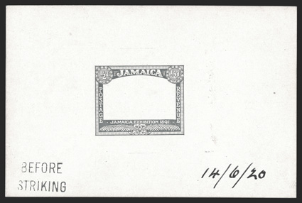 S.G. 78E, 1920 ½d Frame only die proof in black on glazed card, 92x60mm, stamped BEFORE STRIKING and dated 14620 in ms., fresh and extremely fine (Scott 75E).