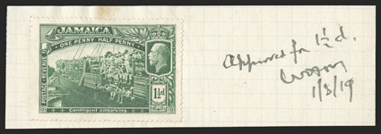 S.G. 80P, 1919 1½d Green, proof in issued color, on upright watermarked paper and perforated, affixed to part of De La Rue Working Day Book annotated in ms. Approved for 1½d
and initialed and dated 1819, very fine the only example in priv