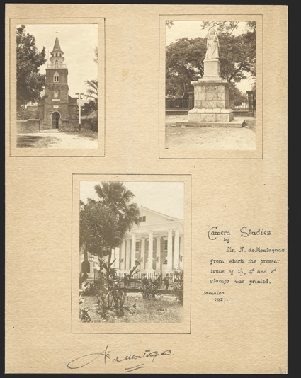 S.G. 81E, 84E, 85E, Photographs from which the engraved designs of the 1920-21 2d, 4d and 1- designs were based, all three mounted on tan card neatly inscribed Camera Studies
by Mr. N. deMontagnac from which the present issue of 1-, 4d and 2d
