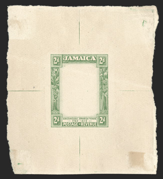 S.G. 81E, 1921 2d Frame only die essay in green and vignette only die essay in indigo, on separate pieces of approximately 55x75mm proof paper, these being the issued colors,
frame essay with a light diagonal crease, mounting marks or h.r.s on