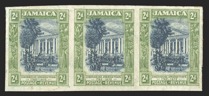 S.G. 81P, 1921 2d Indigo and green, imperforate imprimatur on ungummed watermarked paper, horizontal strip of three, two with light creases, otherwise very fine ex-De La Rue
Archives (Scott 78P).