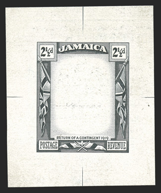 S.G. 82E, 1921 2½d Frame only die essay and vignette only die essay in black on thin glazed card, 40x50mm and 34x37mm respectively, latter initialed A.J.H. at bottom right,
very fine duo ex-De La Rue Archives (Scott 79E).