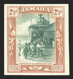 S.G. 82TC, 1921 2½d Trial color proof in green and orange-brown on thick unwatermarked paper, very fine (Scott 79TC).