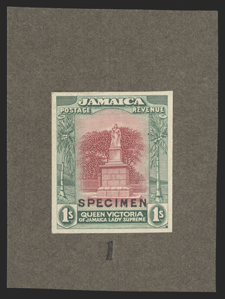 S.G. 85TC, 1920 1- Trial color proof in myrtle-green and red-violet, overprinted SPECIMEN and mounted on stiff dark brown card numbered 1, extremely fine ex-De La Rue Archives
(Scott 83TC).