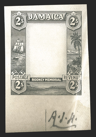 S.G. 86E, 1920 2- Frame only die essay and vignette only die essay in black on glazed proof paper, both initialed A.J.H. at bottom, frame essay toned and with diagonal crease
at lower right, vignette essay very fine ex-De La Rue Archives