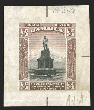 S.G. 87TC, 1920 3- Trial color die proof in black and brown on proof paper, 44x38mm, dated 16.8.20 in the top margin and initialed A.J.H. in the bottom margin, lightly toned
at right and horizontal crease in the bottom margin well away from