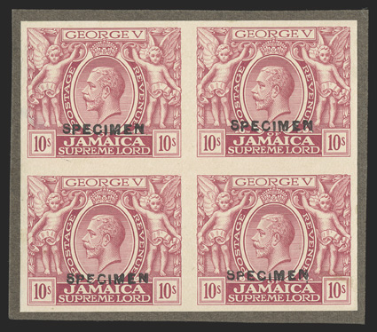 S.G. 89TC, 1920 10- Trial color proof in mauve, overprinted SPECIMEN, block of four affixed to stiff dark brown card, extremely fine ex-De La Rue Archives (Scott
87TC).