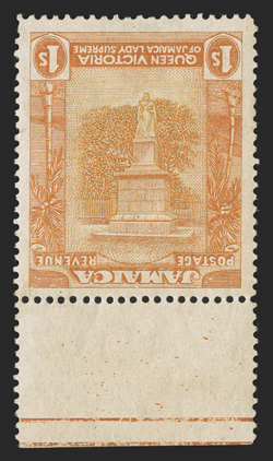 S.G. 85a, 1920 1- Orange-yellow and red-orange, Frame Inverted, an impressive bottom sheet-margin mint example of this sought-after rarity, excellent centering, rich fresh
colors, o.g., relatively lightly hinged, extremely fine and choice.In