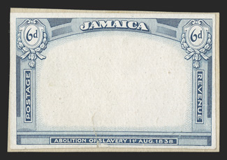1921 6d Abolition of Slavery, frame only die proof in ultramarine on proof paper, cut to stamp size and mounted on card, tear at bottom center, fine appearance
ex-Cameron.