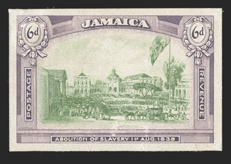 1921 6d Abolition of Slavery, trial color proof in yellow-green and violet on thick paper, small faults, very fine appearance ex-Cameron.