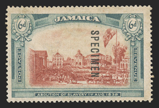 1921 6d Abolition of Slavery, watermarked multiple crown and script CA, overprinted SPECIMEN vertically reading down, rich colors, o.g., couple trivial tiny thinned specks,
otherwise very fine a very scarce stamp which was withdrawn prior to i