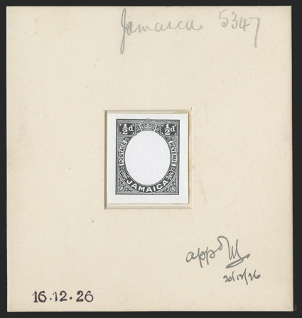 S.G. 89aE, 1927 ½d George V, frame only die essay in black, cut down and inset on thick 85x91mm card, Jamaica 5347 notation in pencil, dated 16.12.26 and marked appd and
initialed and dated 201226, extremely fine ex-De La Rue Archiv