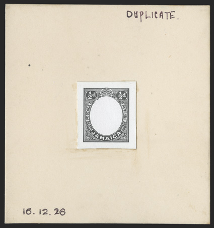 S.G. 89aE, 1927 ½d George V, frame only die essay in black, cut down and mounted on thick 85x91mm card, marked Duplicate and dated 16.12.26, extremely fine ex-De La Rue
Archives (Scott 101E).