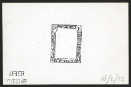 S.G. 92E, 1922 1d Frame only die essay in black on glazed card, 92x60mm, stamped AFTER STRIKING and dated 16222, fresh and extremely fine (Scott 89E).