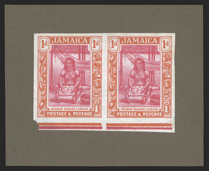 S.G. 92P, 1922 1d Carmine and orange, plate proof, bottom margin horizontal pair affixed to stiff dark brown card, extremely fine ex-De La Rue Archives (Scott
89P).