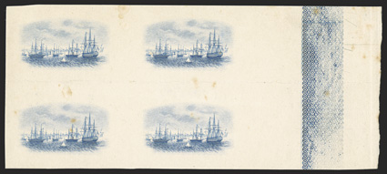S.G. 98E, 1922 6d Vignette only plate proof in blue on thin card, wide right margin block of four, light horizontal crease between the vignettes and a few light stained spots,
otherwise very fine probably unique as a block of four (Scott 9