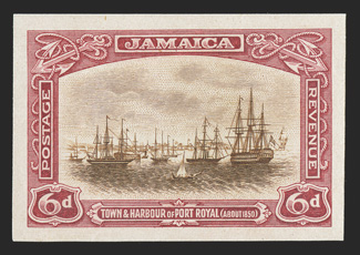 S.G. 98TC, 1922 6d Trial color proof in sepia and magenta on thick paper, thinned spot, extremely fine appearance ex-De La Rue Archives (Scott 95TC).