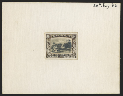 1922 8d Ferry Inn unissued design, composite photographic essay, the vignette slightly touched-up in black, affixed to 114x89mm card dated 26th July 22, fresh and extremely
fine ex-De La Rue Archives.