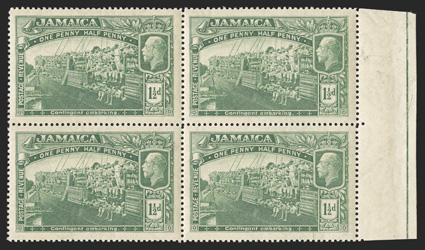 S.G. 93x, 1921 1½d Green, watermark reversed, fresh right sheet-margin mint block of four, excellent centering, o.g., l.h., bottom left stamp n.h., bottom right stamp with a
small tear, otherwise extremely fine ex-Cameron (Scott 90 var.).