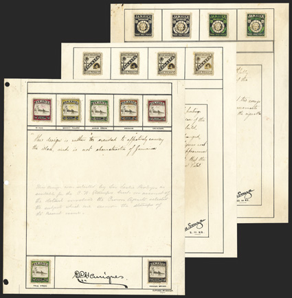 S.G. 104-06E, 1923 Child Welfare issue unadopted designs, comprising of fifteen facsimile stamps affixed to three leaves, the first leaf with four photographic essays of a 1½d
value with a childs portrait at center, two hand-colored in green, b
