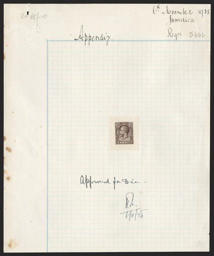 S.G. 109P, 1929 1½d Chocolate, die proof, 28x32mm, affixed to Appendix page of De La Rue Working Day Book dated 6th November 1928JamaicaRegn 5662, marked Approved for Die,
initialed and dated 61128, very fine ex-De La Rue Archives