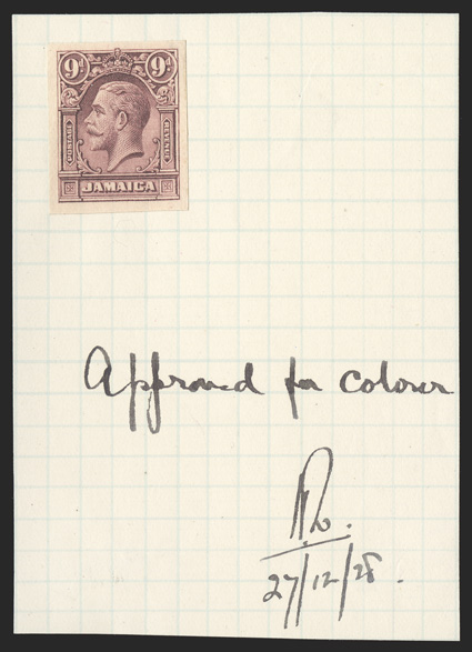 S.G. 108-10P, 1929 1d-9d George V, imperforate imprimaturs on watermarked paper, each affixed to portion of De La Rue Working Day Book marked Approved for colour, initialed
and dated, very fine set ex-De La Rue Archives (Scott 103-05P).