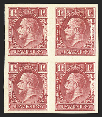 S.G. 108aP, 1932 1d Scarlet, Die II, imperforate imprimatur on ungummed watermarked paper, block of four, top stamps with a light horizontal crease, otherwise very fine (Scott
103aP).