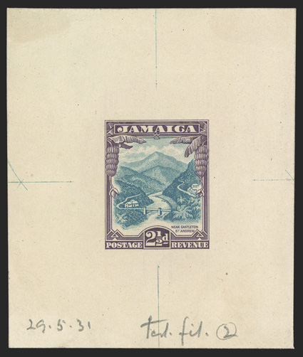S.G. 112TC, 1932 2 ½d Trial color die proof in turquoise and violet on proof paper dated 29.5.31, 68x80mm, fresh and extremely fine (Scott 107TC).