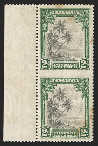 S.G. 111a, 1932 2d Black and green, imperforate between, left sheet-margin vertical pair, well centered, o.g., l.h., some light staining, otherwise very fine and rare (Scott
106a $6,500.00).