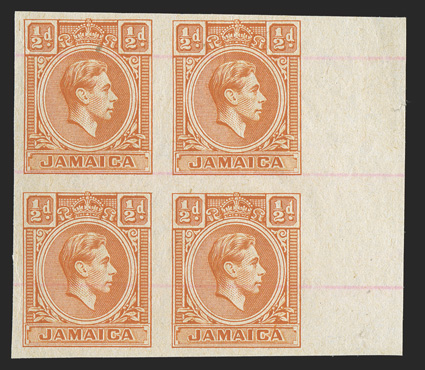 S.G. 121bP, 1951 ½d Orange, plate proof on unwatermarked ungummed paper, right sheet-margin block of four, with three light red horizontal lines, extremely fine believed to be
unique as a block of four (Scott 148P).