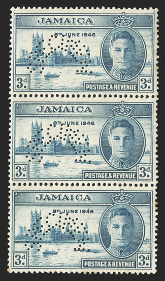 S.G. 141s-142s, 1946 1½d and 3d Victory, perforated Specimen in arc, vertical strips of three, o.g., n.h., bottom 3d with some foxed perfs., otherwise fine-very fine scarce in
multiples (Scott 136-137s).