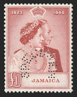 S.G. 144s, 1948 £1 Silver Wedding, perforated Specimen in arc (Samuel Ty. B9), without gum as usual, fresh and very fine extremely rare as only a few exist ex-Waterlow
archives (Scott 139s).