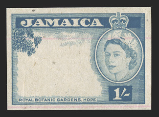 S.G. 160 var., 168 var., 1956 1d Black and emerald imperforate and 1- Blue with center omitted, printers waste removed from De La Rue, former in vertical and horizontal pairs
on gummed watermarked paper showing misregistration of Queens Head,