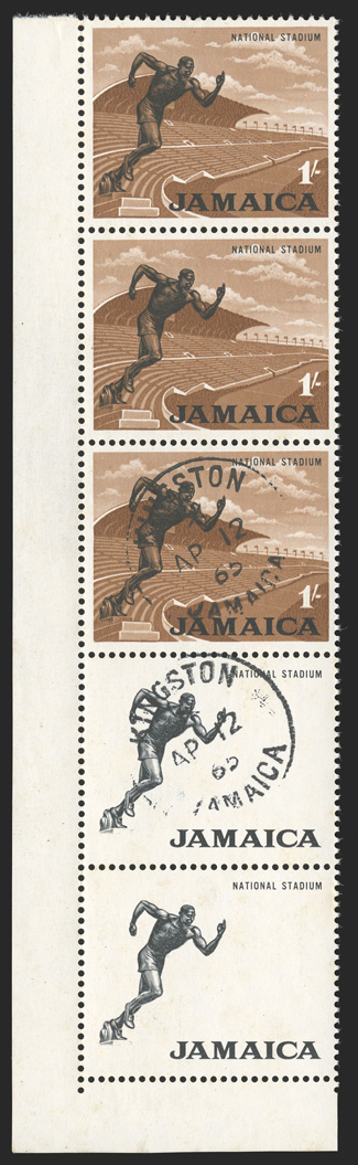 S.G. 226a, 1964 1- Black and light brown, light brown omitted, bottom left corner margin vertical strip of five, the bottom two stamps the errors, the top error and bottom
normal stamps both cancelled-to-order by clear KingstonJamaicaAp 12,